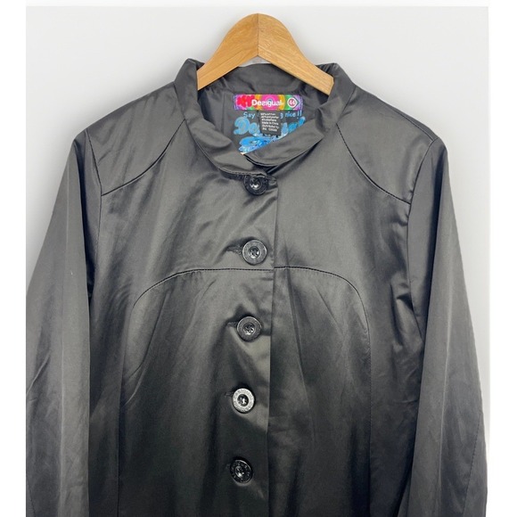 Desigual Black Satin Trench Coat Floral Hem EU 44 US 10/12‎ - Picture 2 of 16